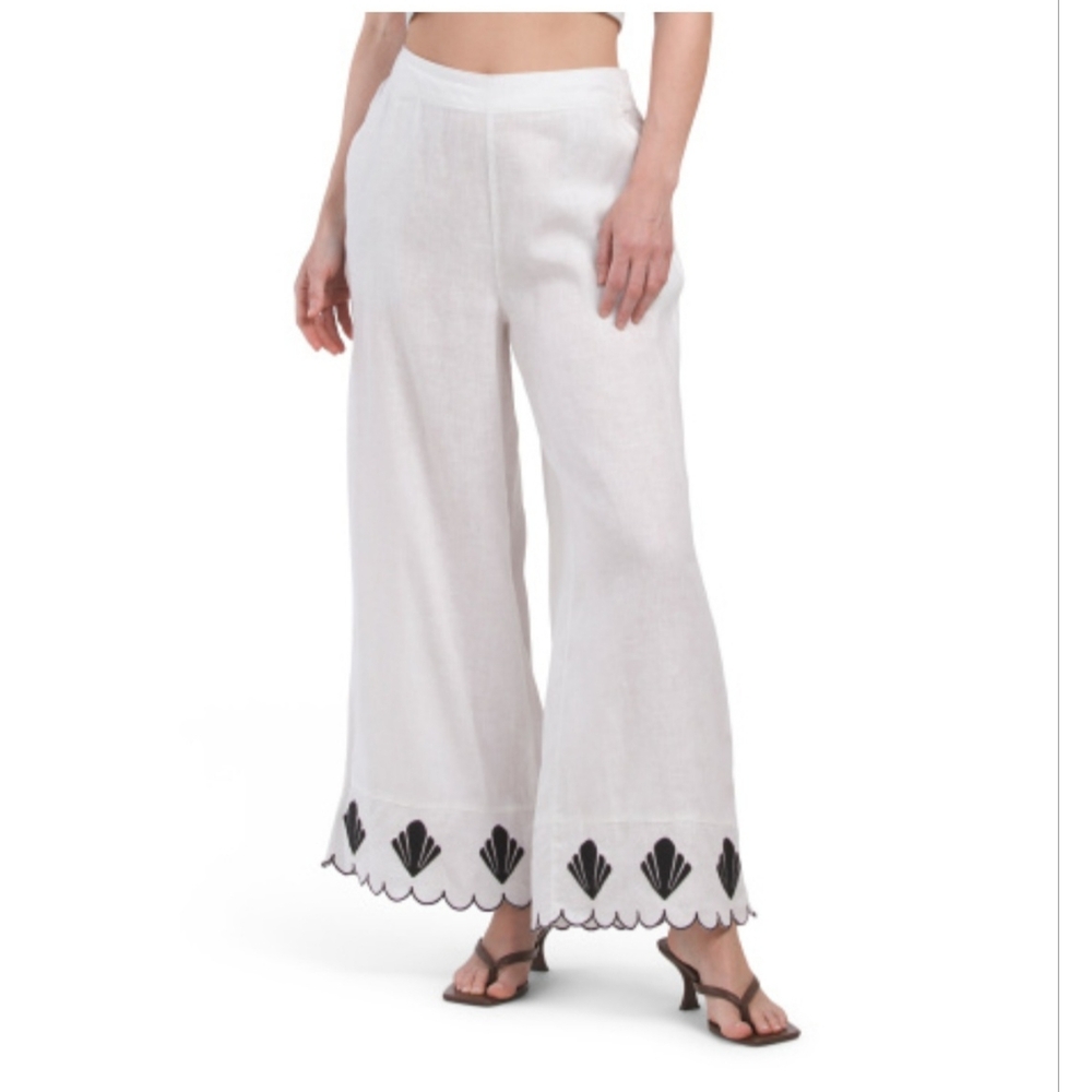 Calypso St. Barth Brilliant White Linen Woven Embroidered Pull On Pants
